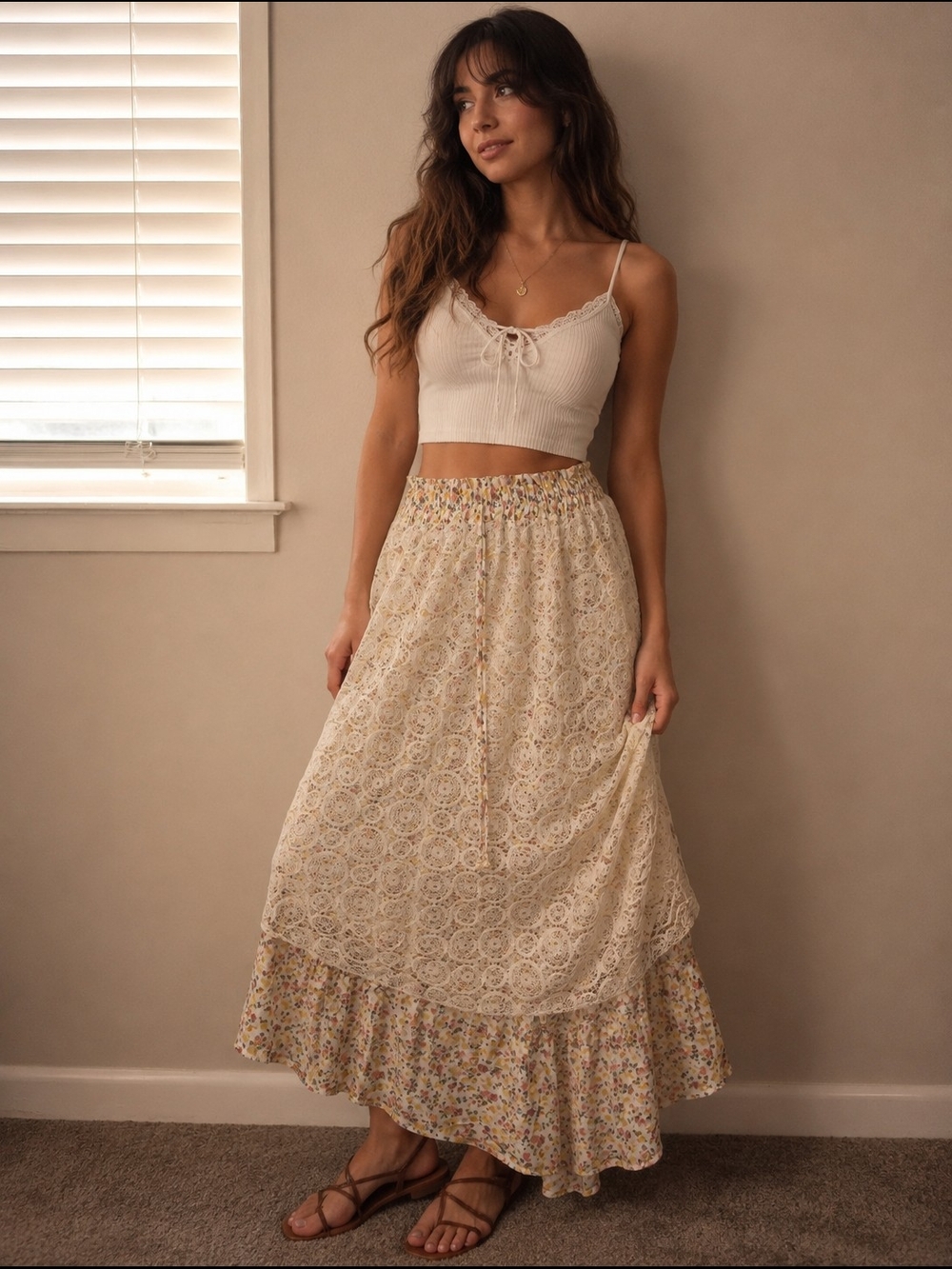 Boho Cream Lace Maxi Skirt with Floral Ruffle Hem